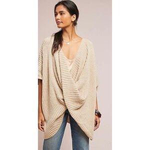 ANTHROPOLOGIE Beige Wool Blend Rib Knit Oversized Sweater Poncho, one size